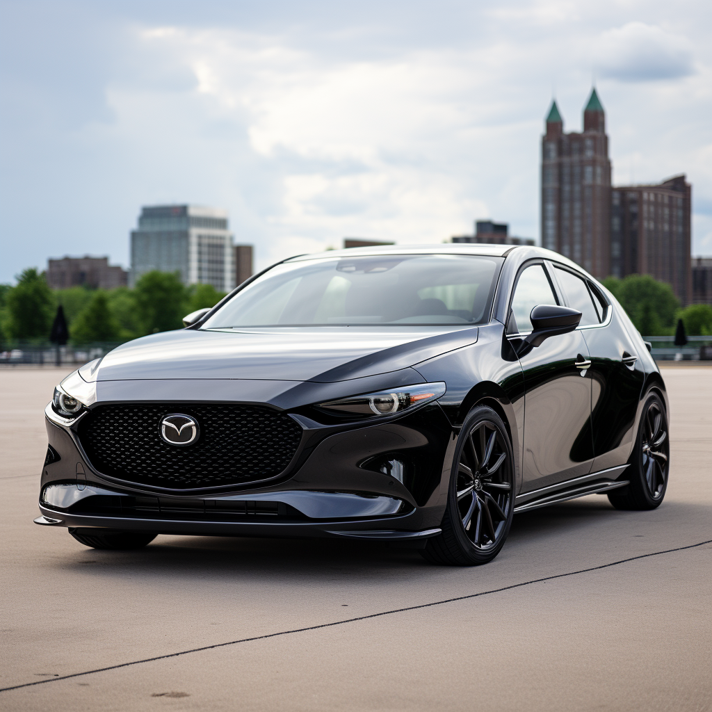 Satin black Mazda 3 hatchback racing