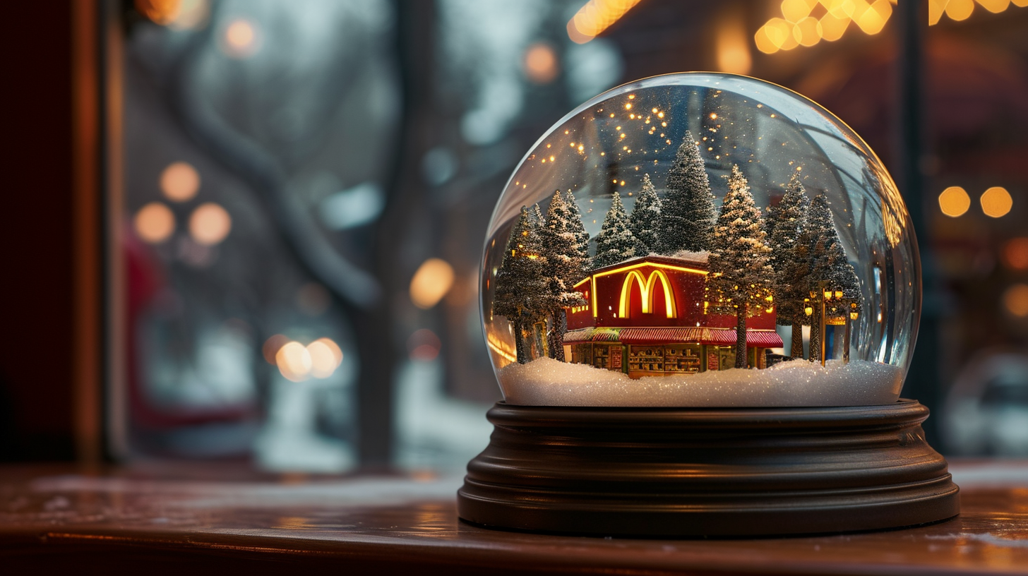 McDonald's Restaurant Snow Globe with Symmetry and Cinematic Trees