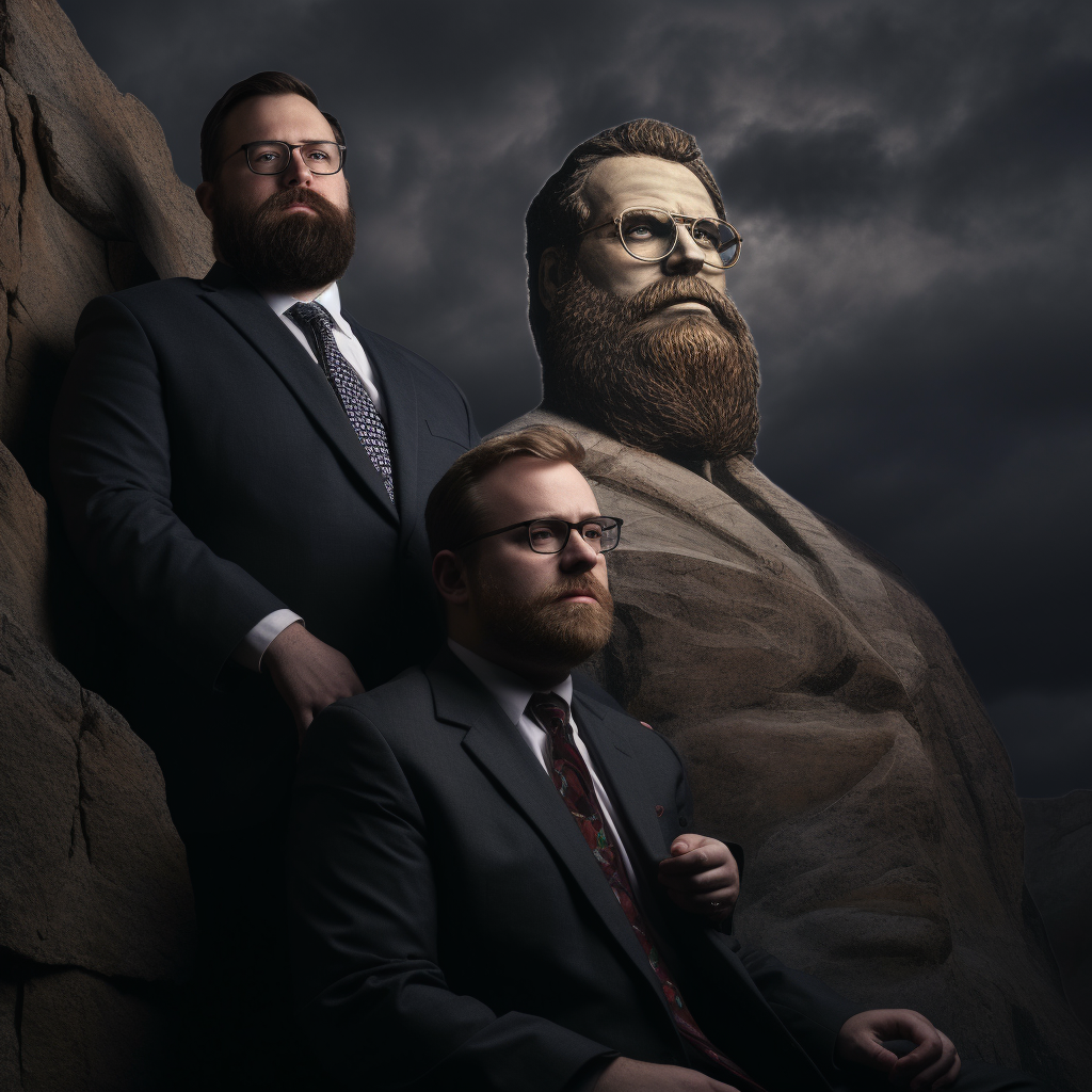 Photorealistic image of McElroy brothers and their dad at Mount Rushmore