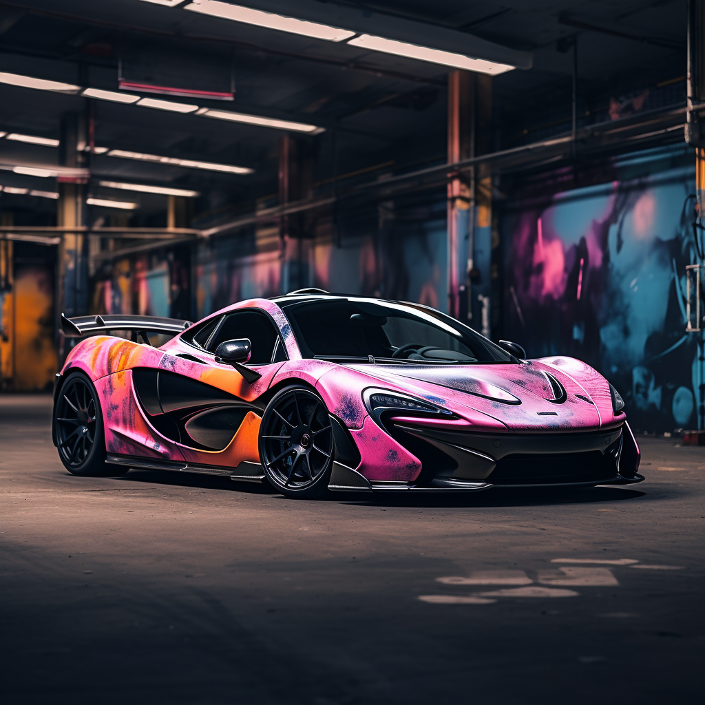 McLaren P1 parked in vibrant graffiti parking lot