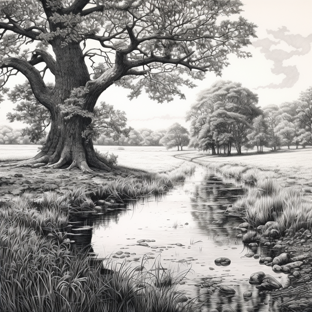 Pencil drawing of a serene meadow with a pond and oak tree