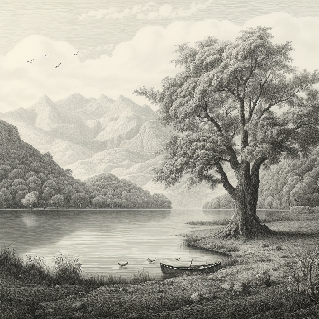 Pencil drawing of a serene meadow with a pond and oak tree