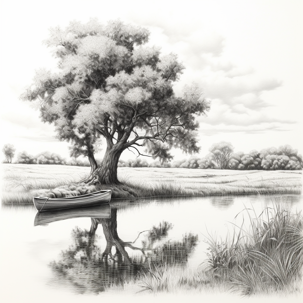 Serene scene of meadow, pond, rowboat, and oak tree