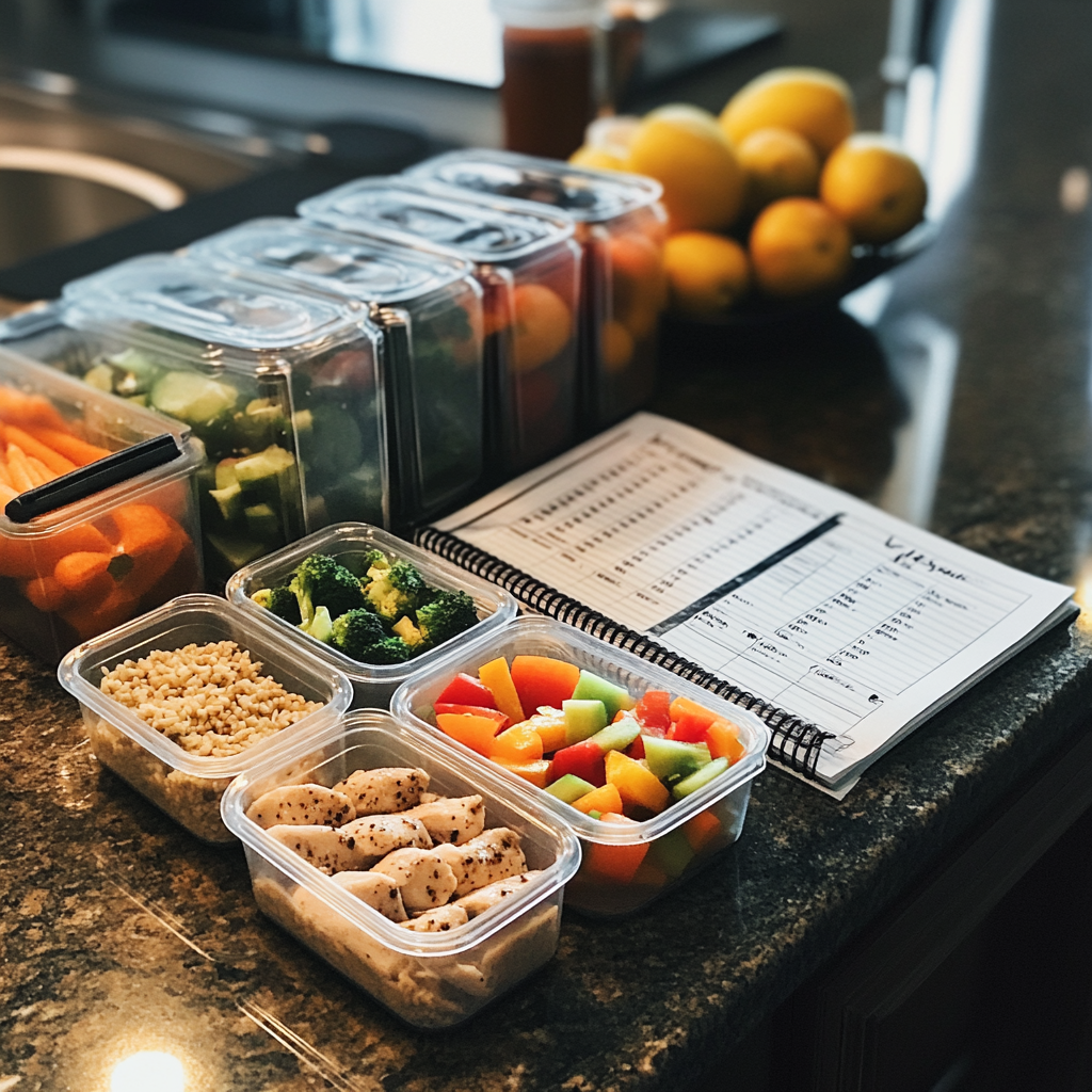 meal prep containers with chicken, rice, veggies, fruit. Meal planner.