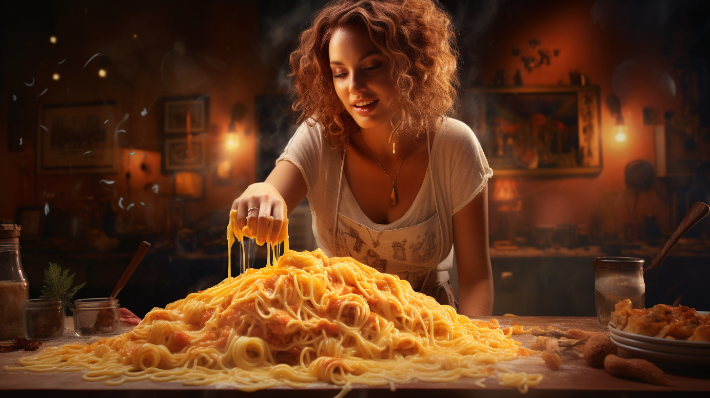 Woman sprinkling cheese on meat pasta