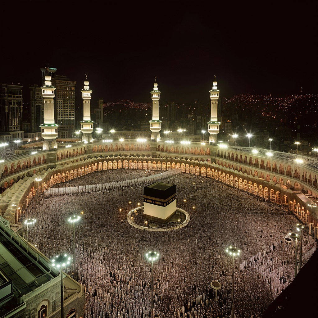 Mecca Pilgrims Praying at Night