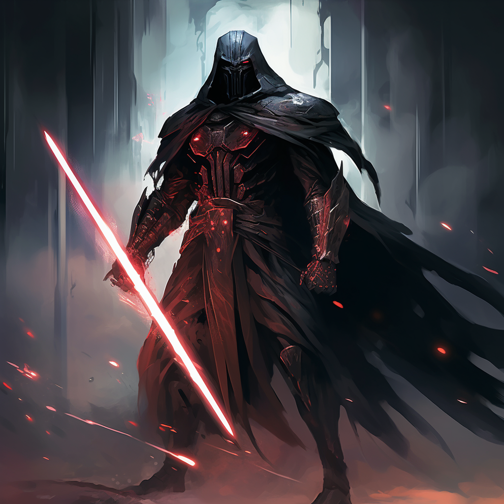 Tall lanky mech character with energy blade in Darth Vader shape