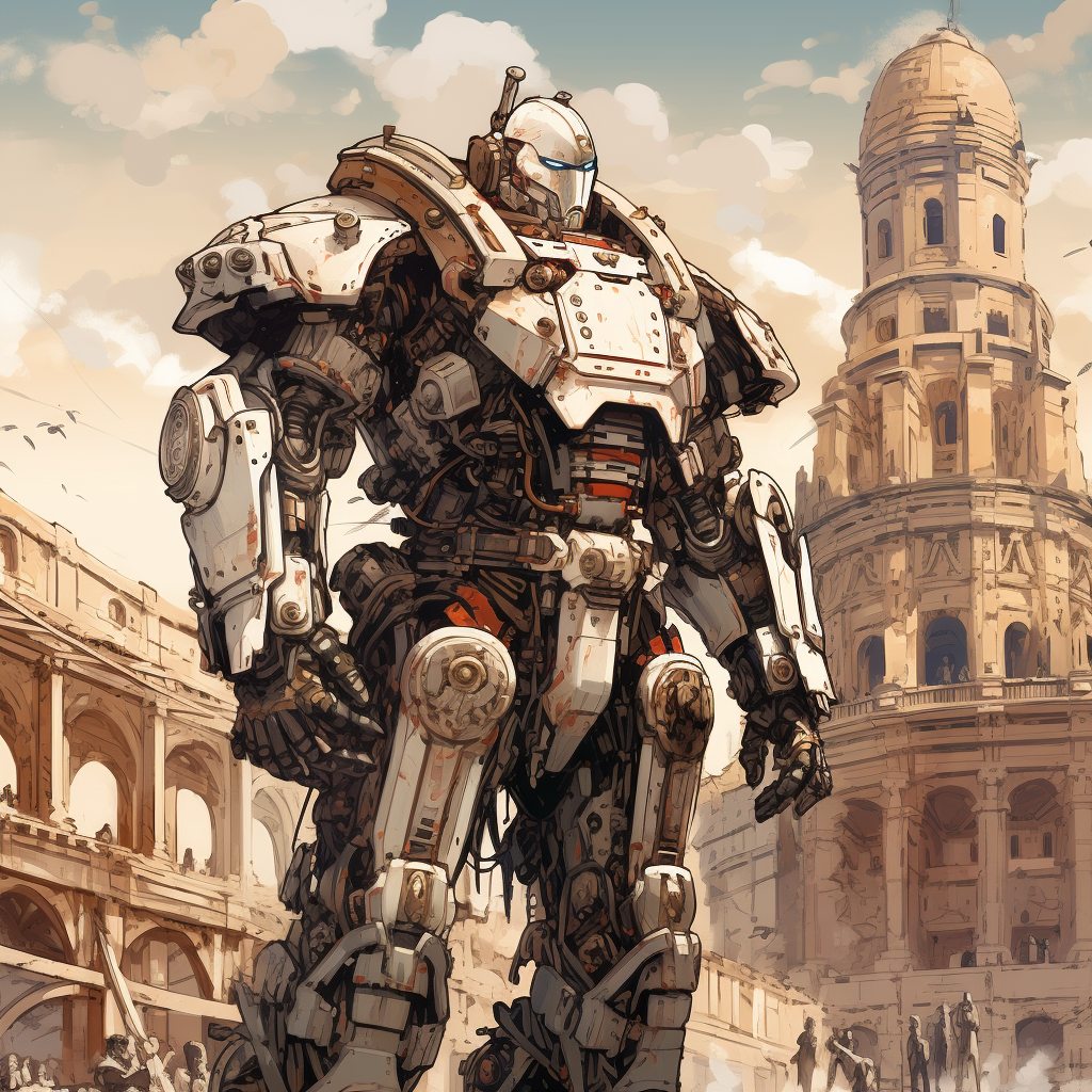 Mech Warrior near Colosseum anime style