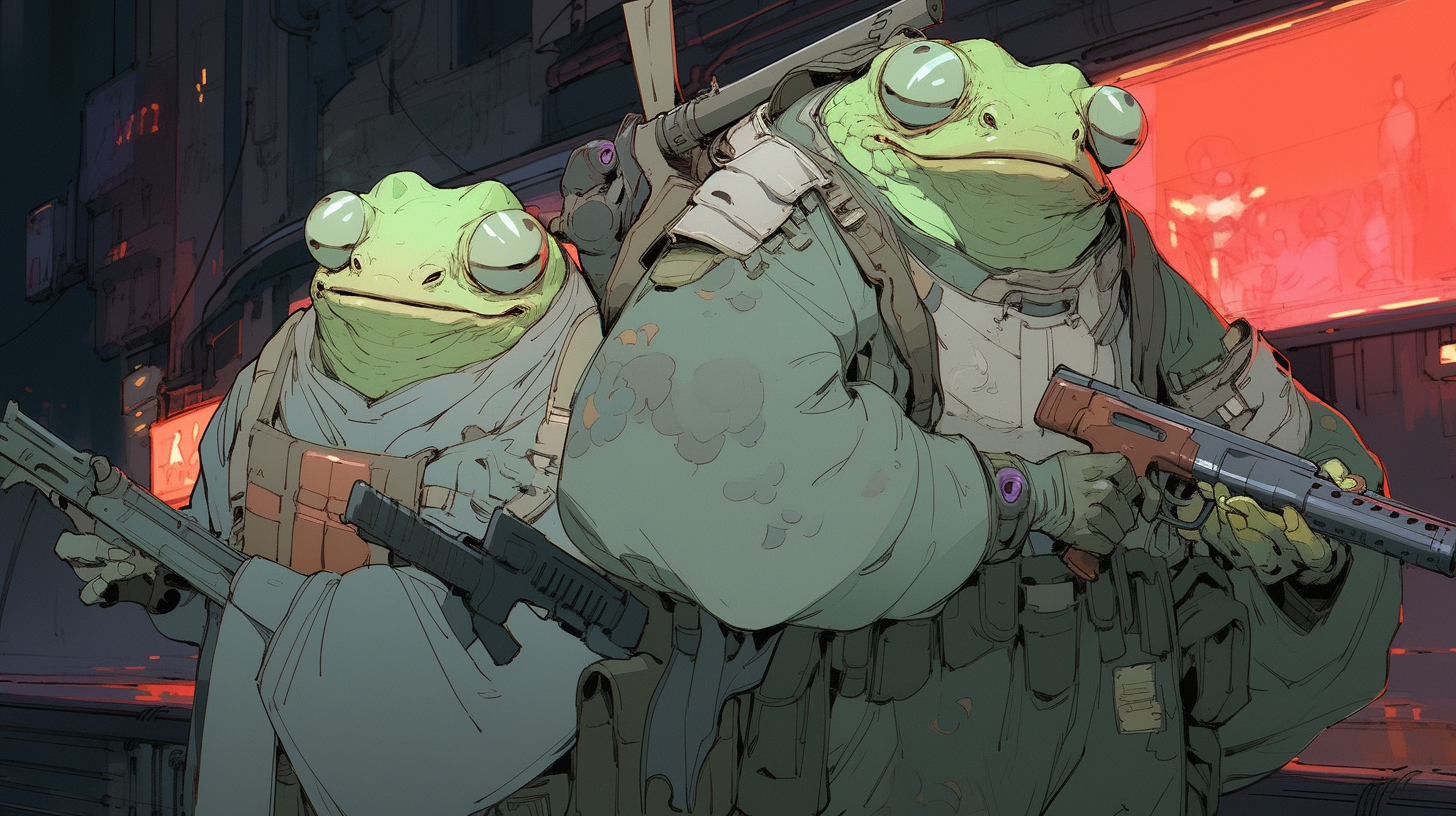 Three Mecha frogs with futuristic weapons at Times Square