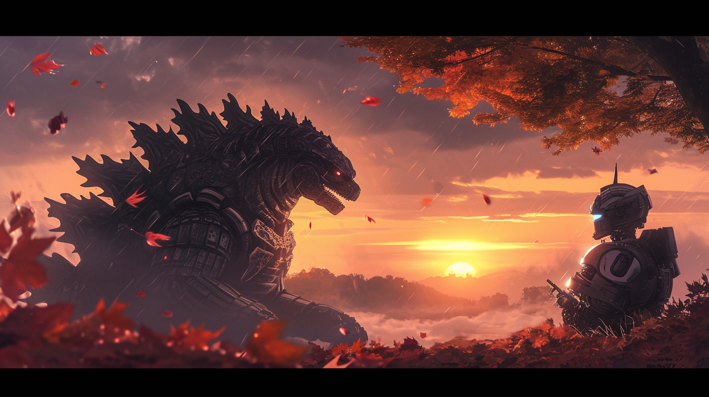 Mecha Godzilla and Optimus Prime in Romantic Fall Setting