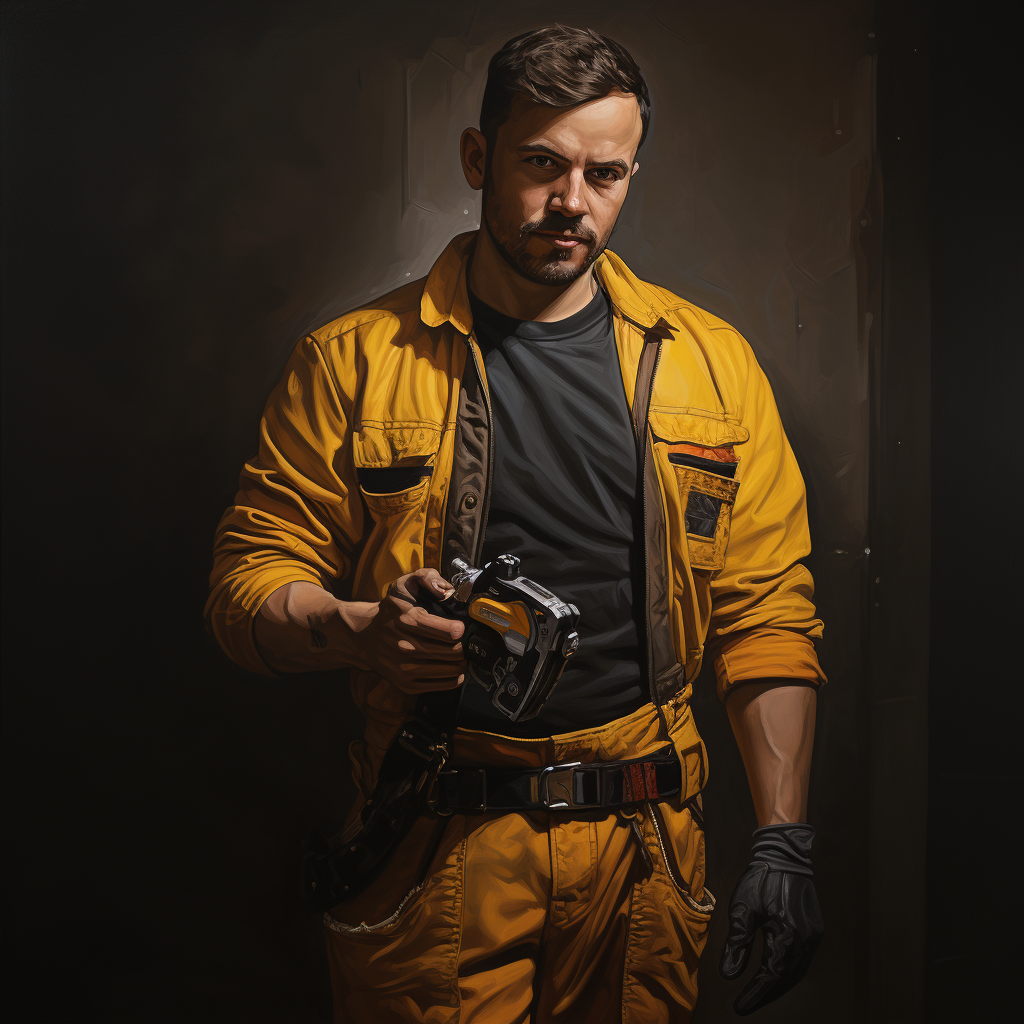 Mechanic Holding Pistol in Grey Dungarees