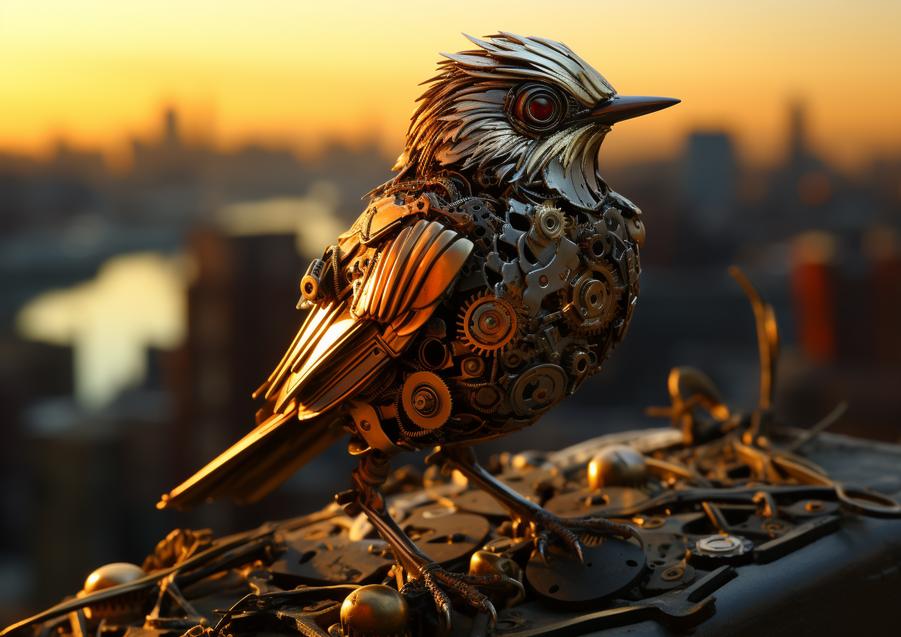 Mechanical bird catching a worm in futuristic world