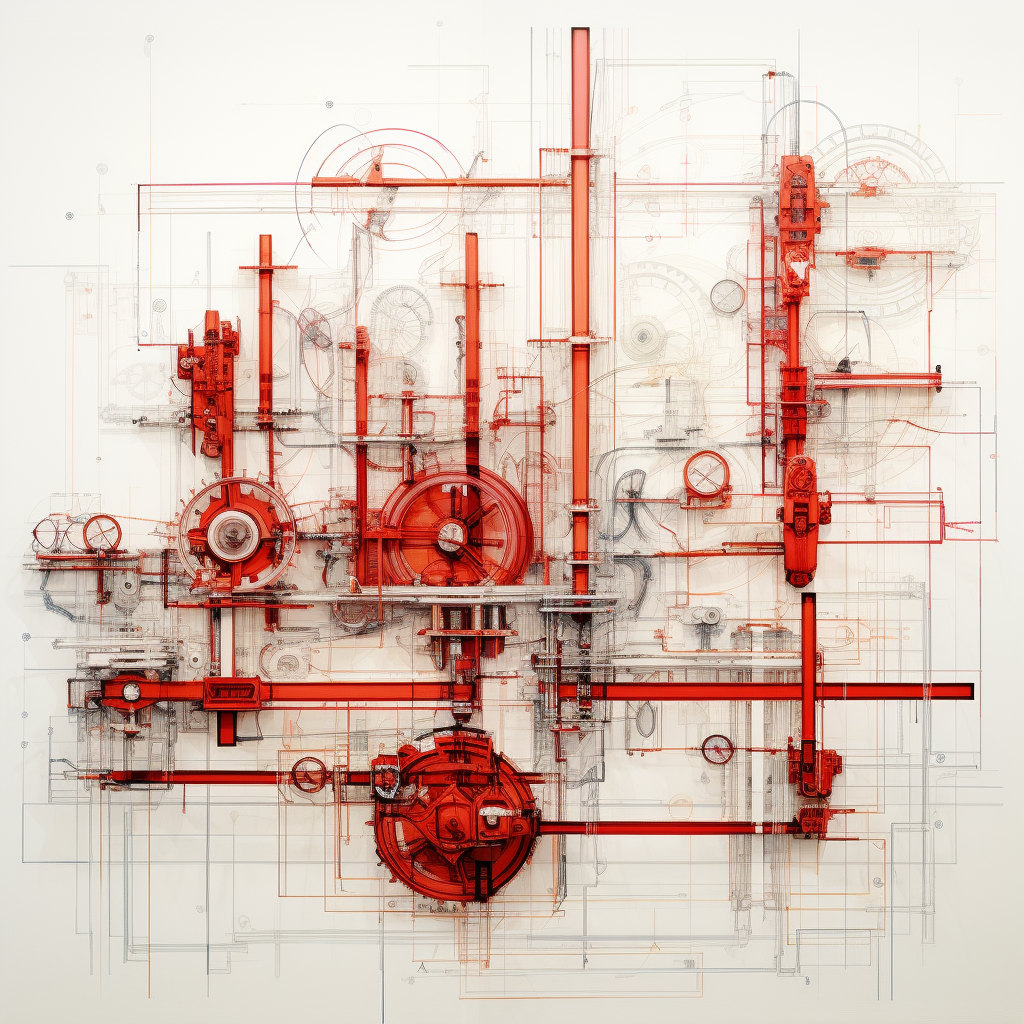 White mechanical machines with red lines