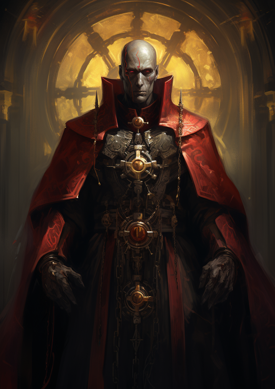 Techno-priest with Toothed Wheel in Red Tunic