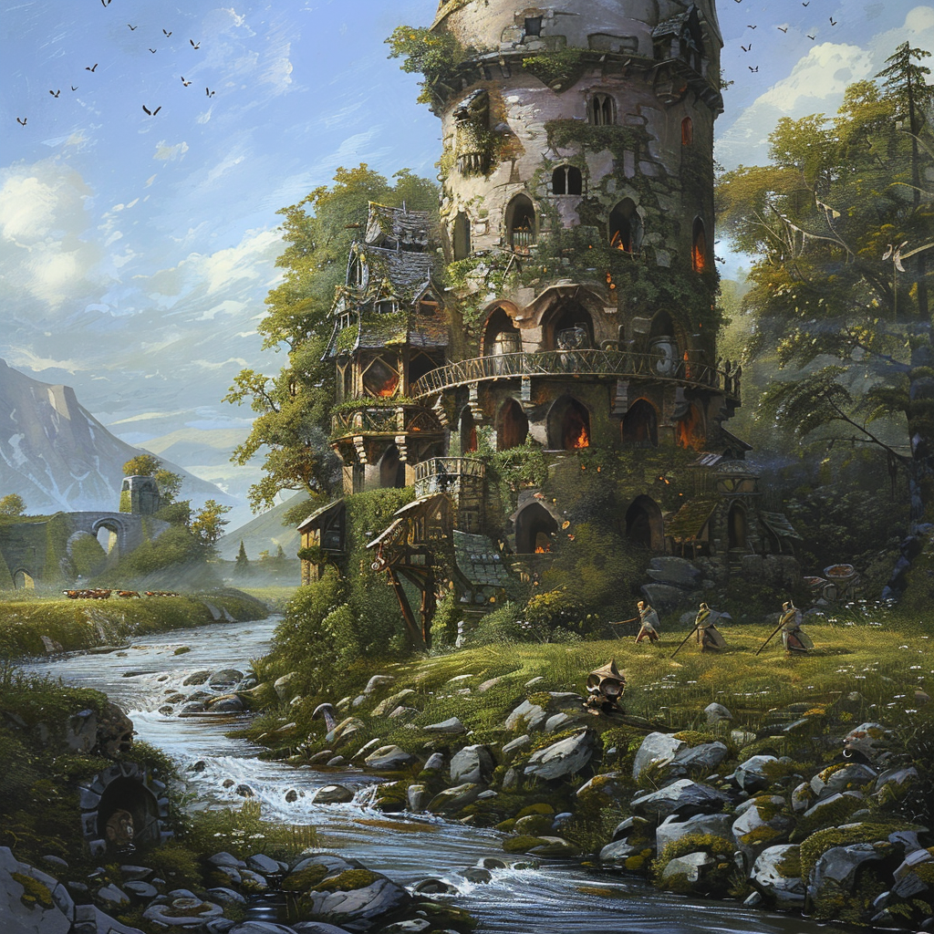 Medieval tower on riverside with gnoll guards