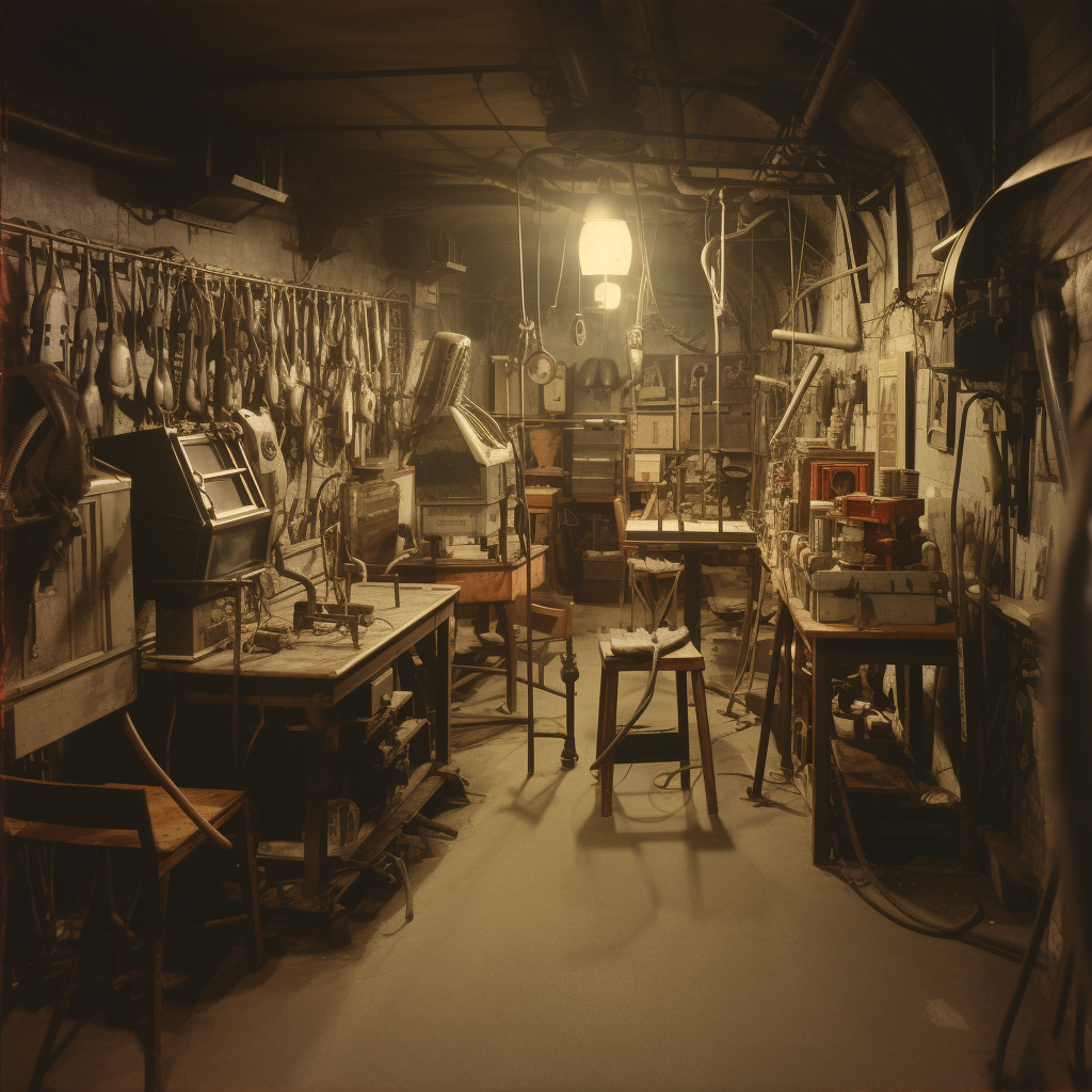 Vintage medical test lab in 1920s Montreal metro station