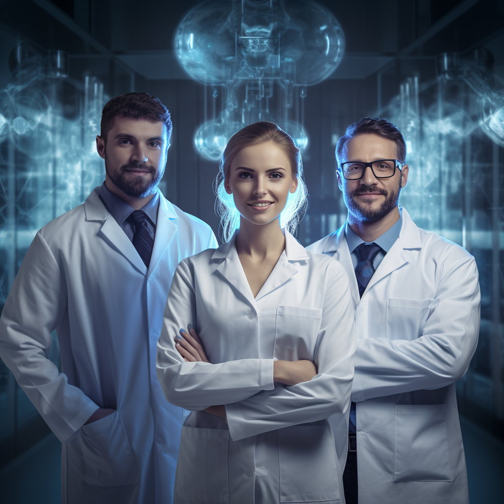 Three medical lab scientists excitedly discussing DNA research