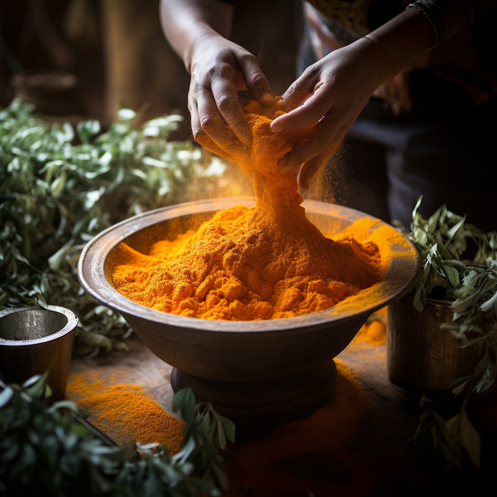 Medicinal plants being processed into orange powder