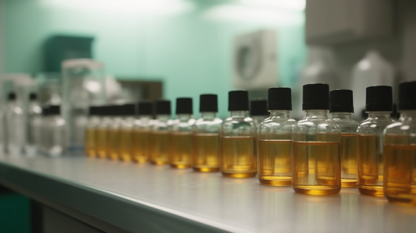 Medicine bottles lined up in clean room