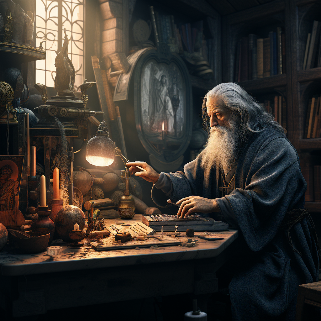 Alchemist working in his medieval library