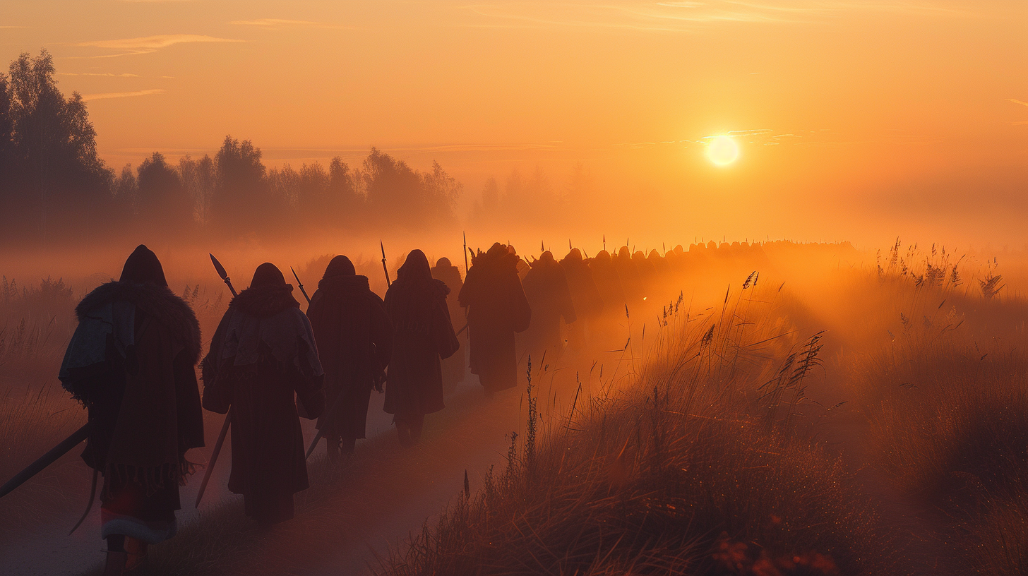 Medieval army walking at daybreak