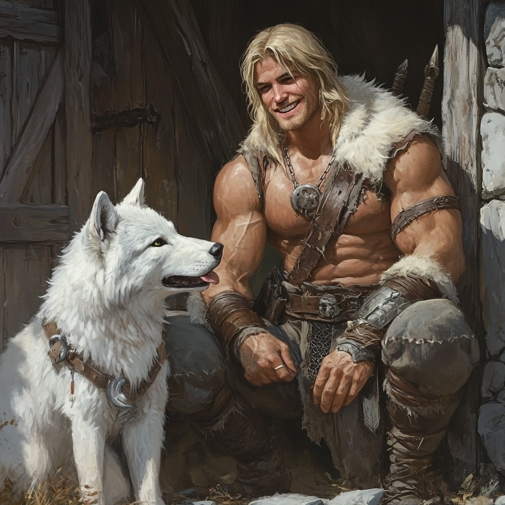 Medieval Barbarian Man with White Wolf