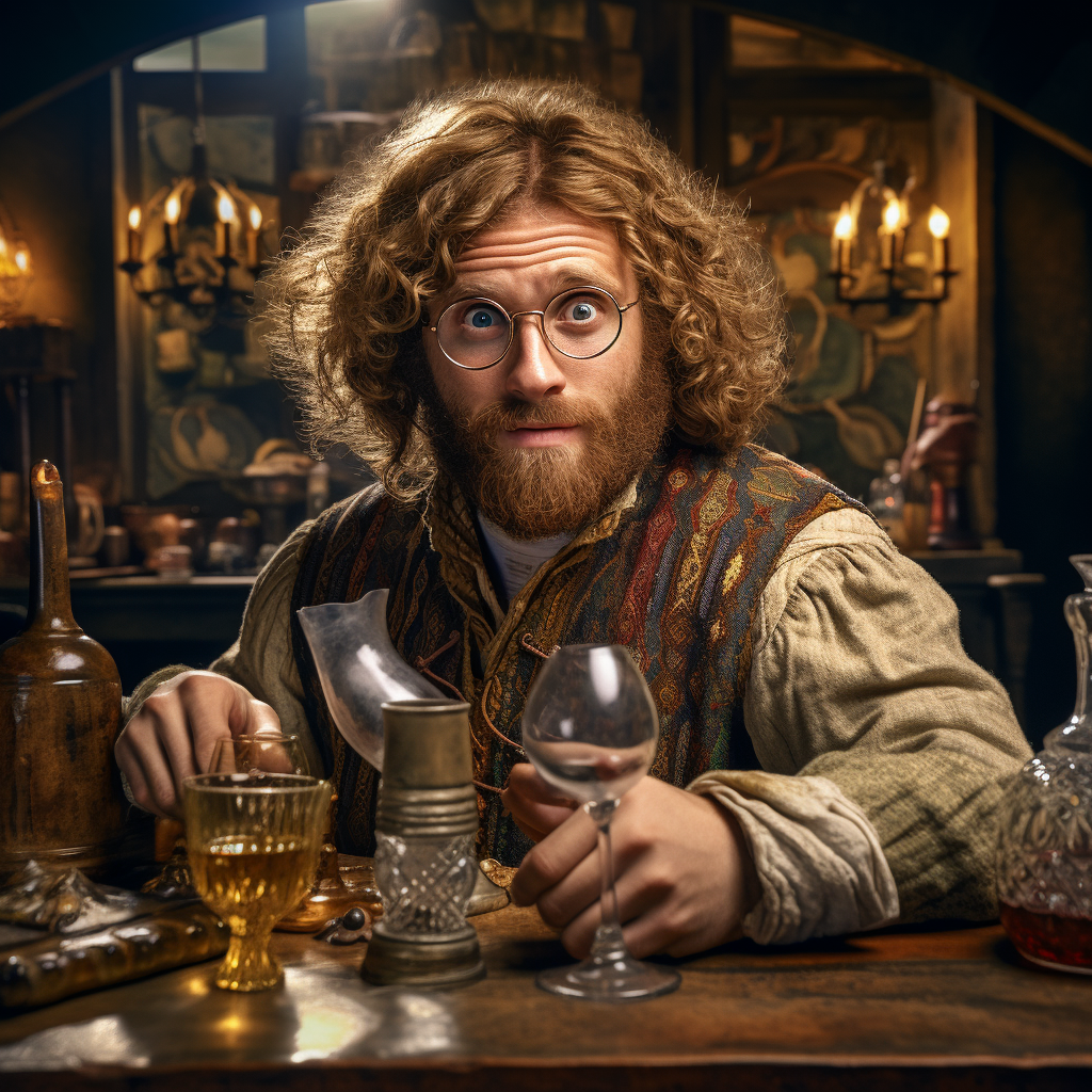 T.J. Miller as medieval bartender with glasses