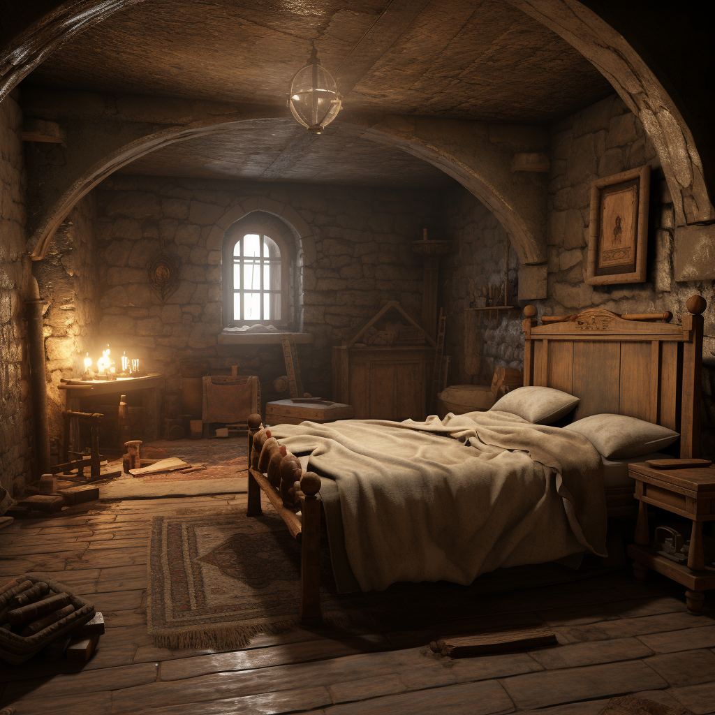 Cozy medieval basement bedroom interior