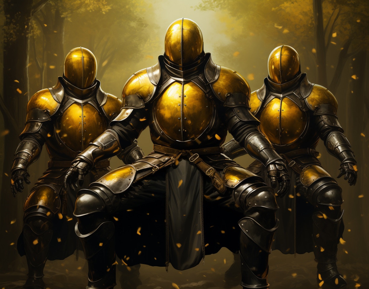 Medieval black steel armor with magical yellow orbs