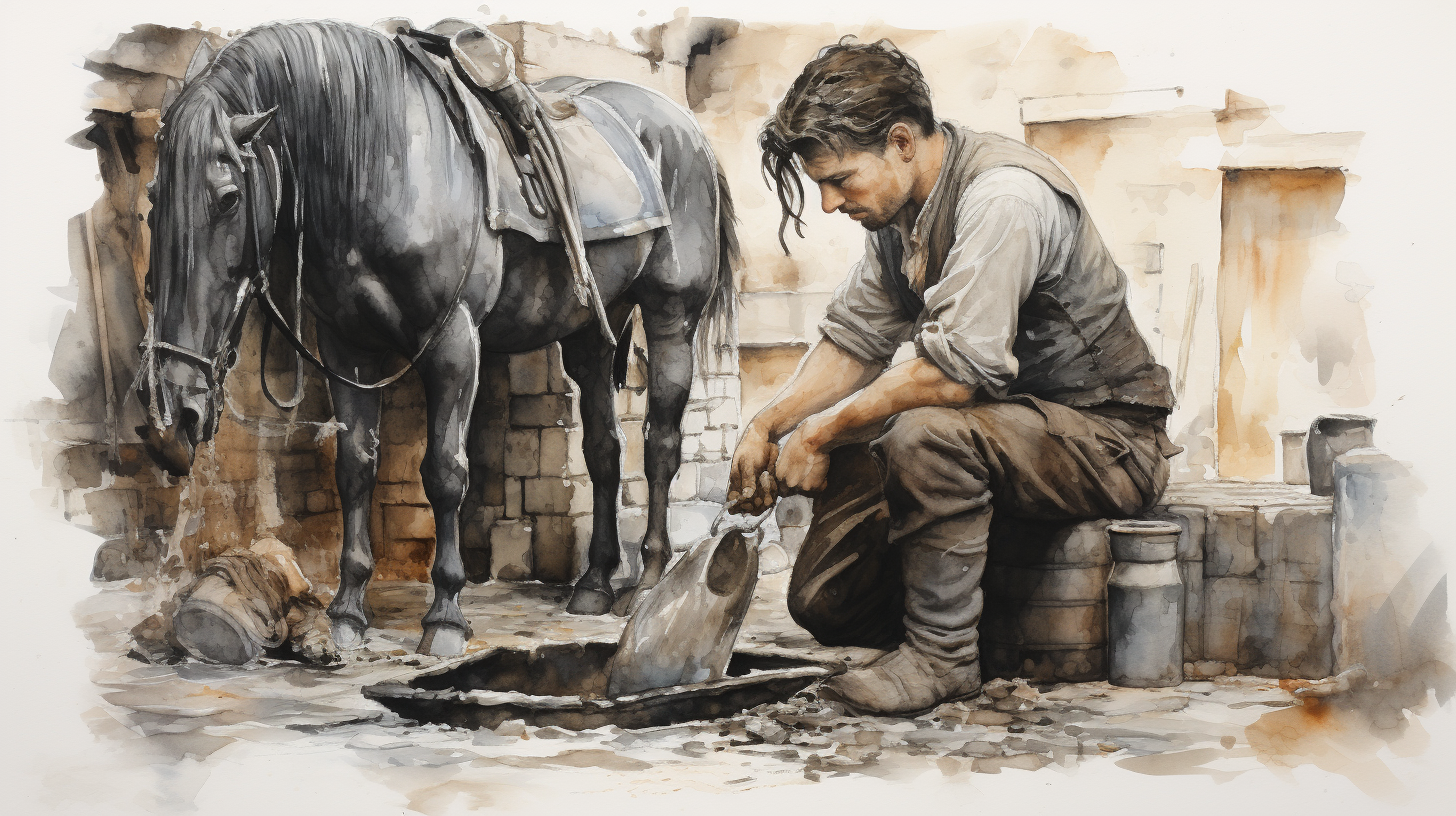 Blacksmith shoeing horse in medieval-style artwork