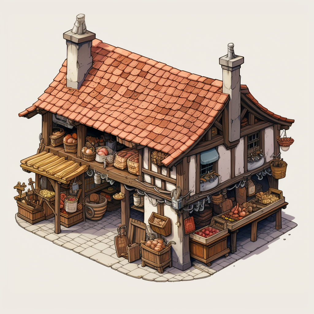 Isometric drawing of a medieval butcher shop