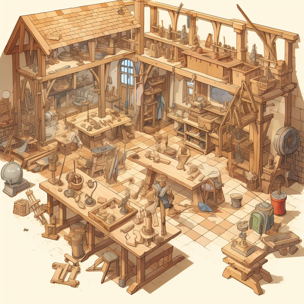 Isometric workshop with wood sculptures and furniture