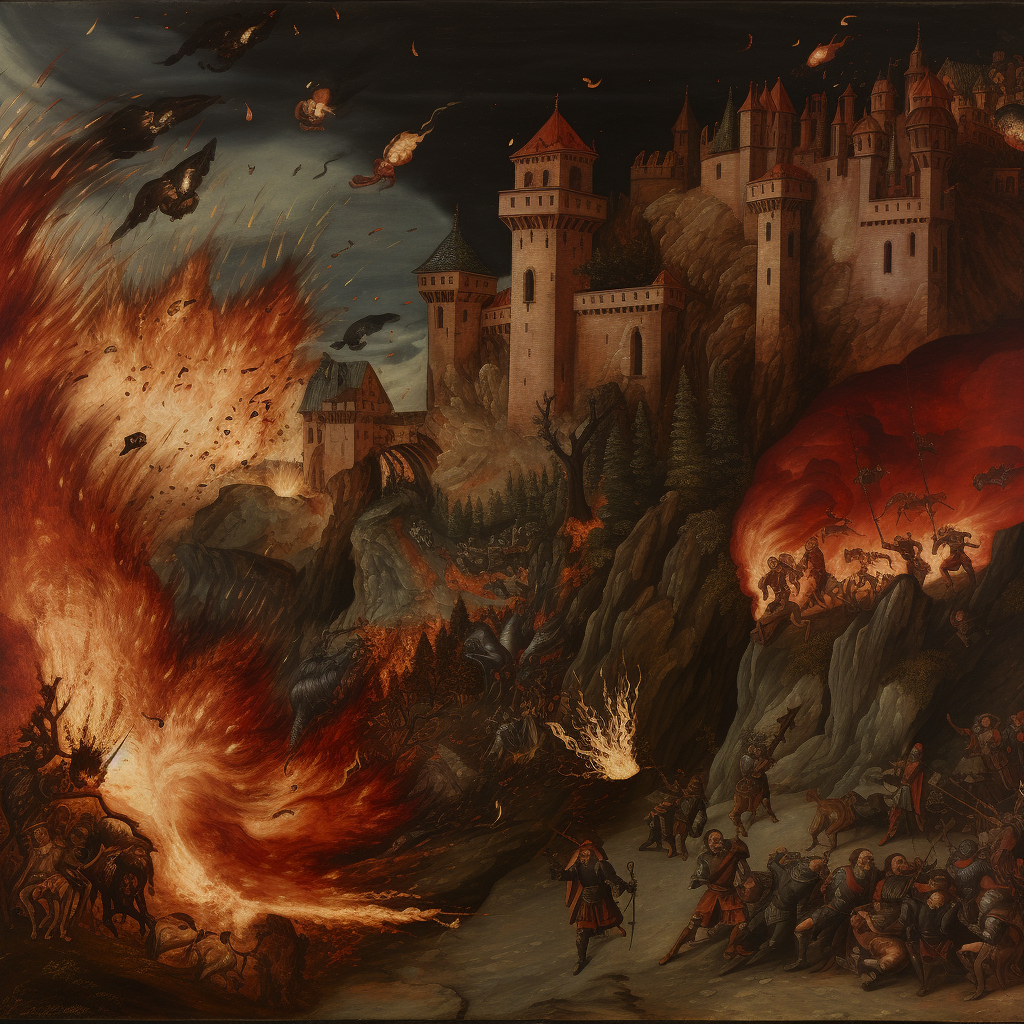 Medieval castle dragon attack scene