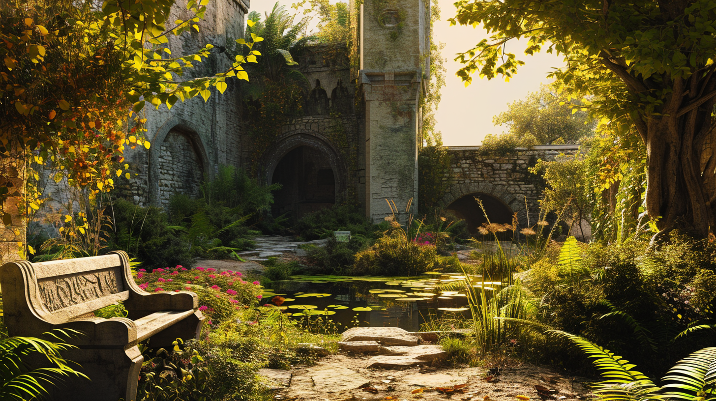 Serene medieval castle garden with pond