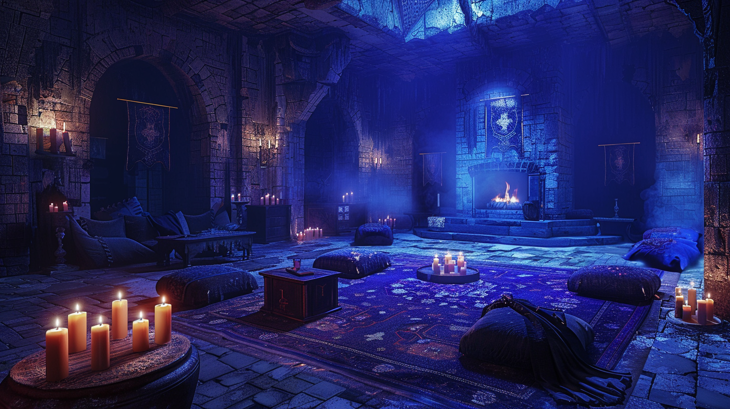 medieval castle room with candles, cozy furniture, warm light