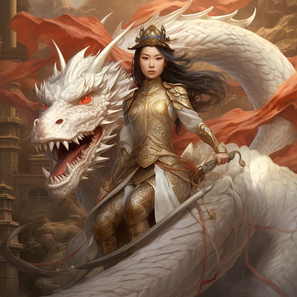 Chinese female warrior on albino dragon