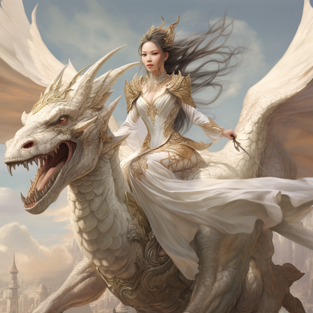 Chinese female warrior riding albino dragon