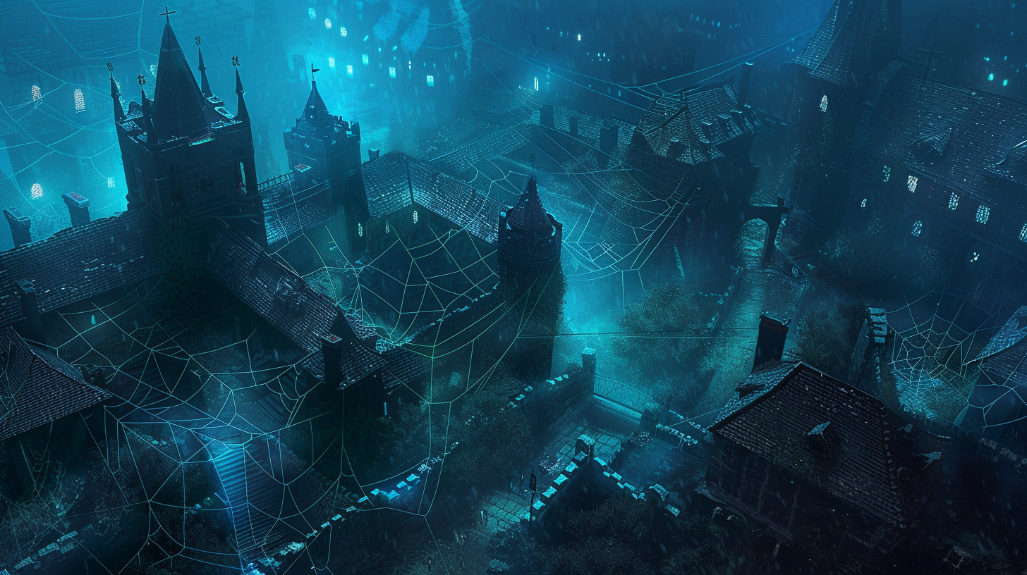 Medieval city covered in spider webs