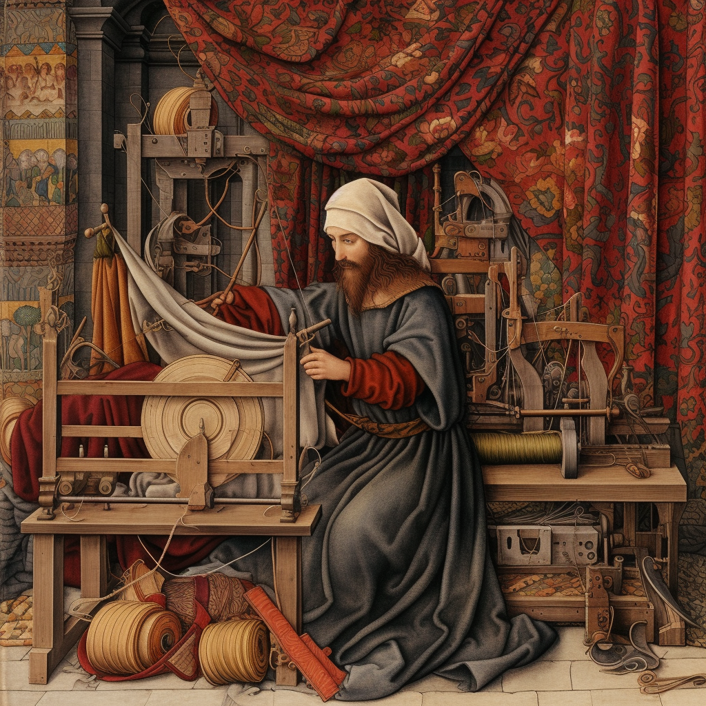 Medieval cloth weaver creating fabric