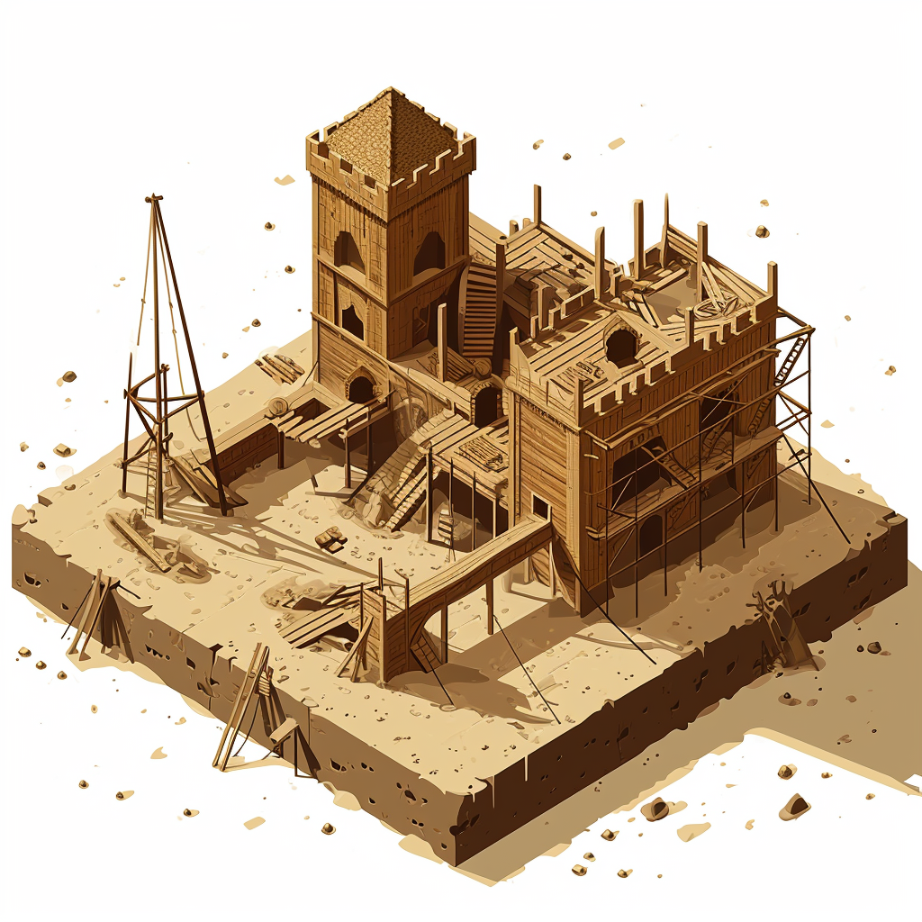 Isometric illustration of medieval construction site with wooden foundation