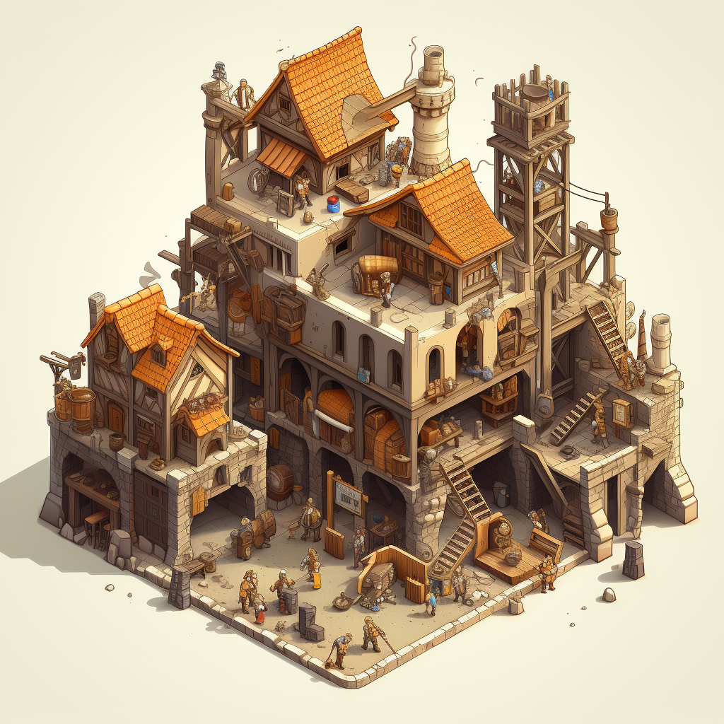 Isometric medieval construction site illustration