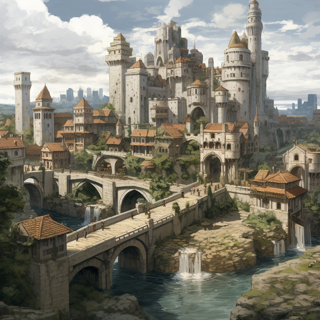 Magnificent medieval D&D city entrance bridge