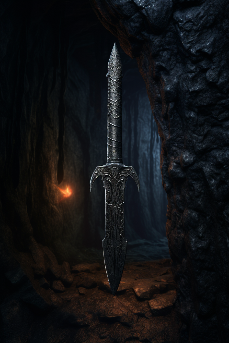 Medieval Dagger with Raven Silhouette in Cave