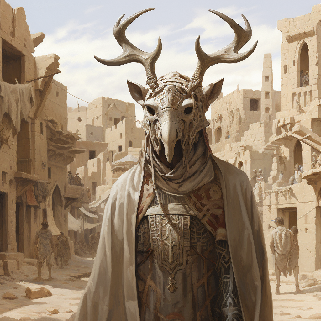 Man in medieval desert town with antlers