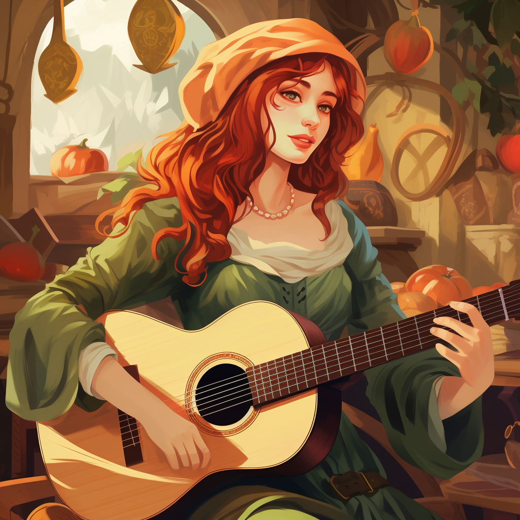 Medieval fantasy bard woman with cute redhead