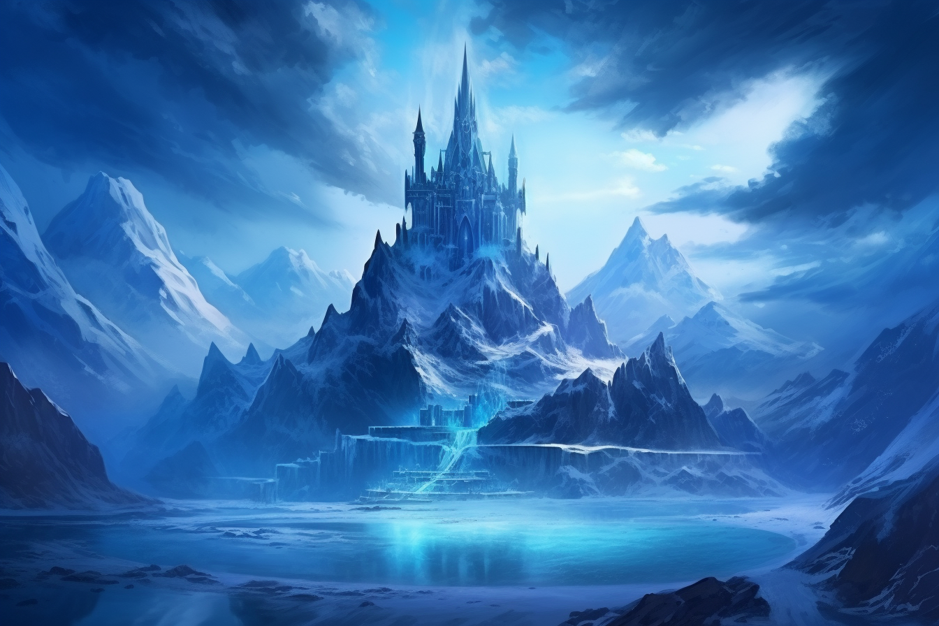 Enchanting medieval fantasy castle in snowy mountains