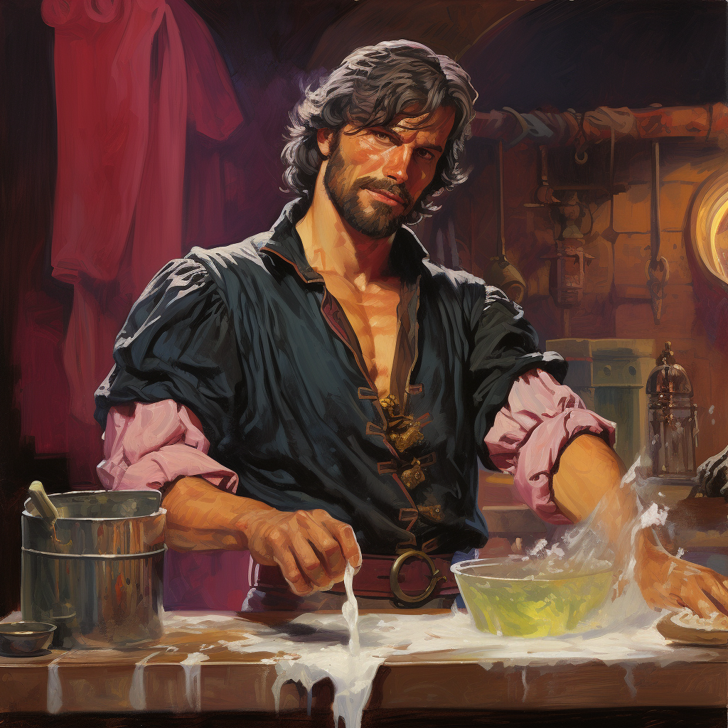 Ugly medieval fantasy male barkeep cleaning glass