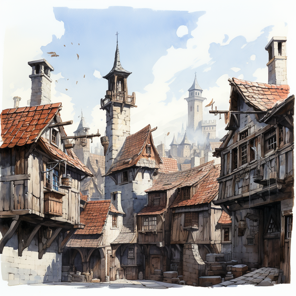 Medieval fantasy rooftops from above