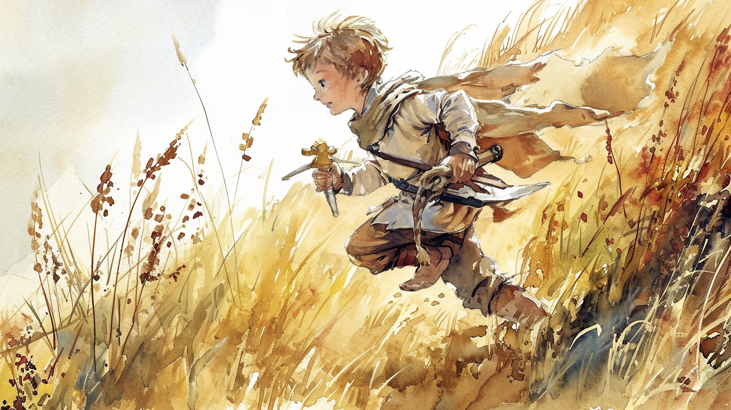 Watercolor illustration of a medieval farm boy with a golden knight doll