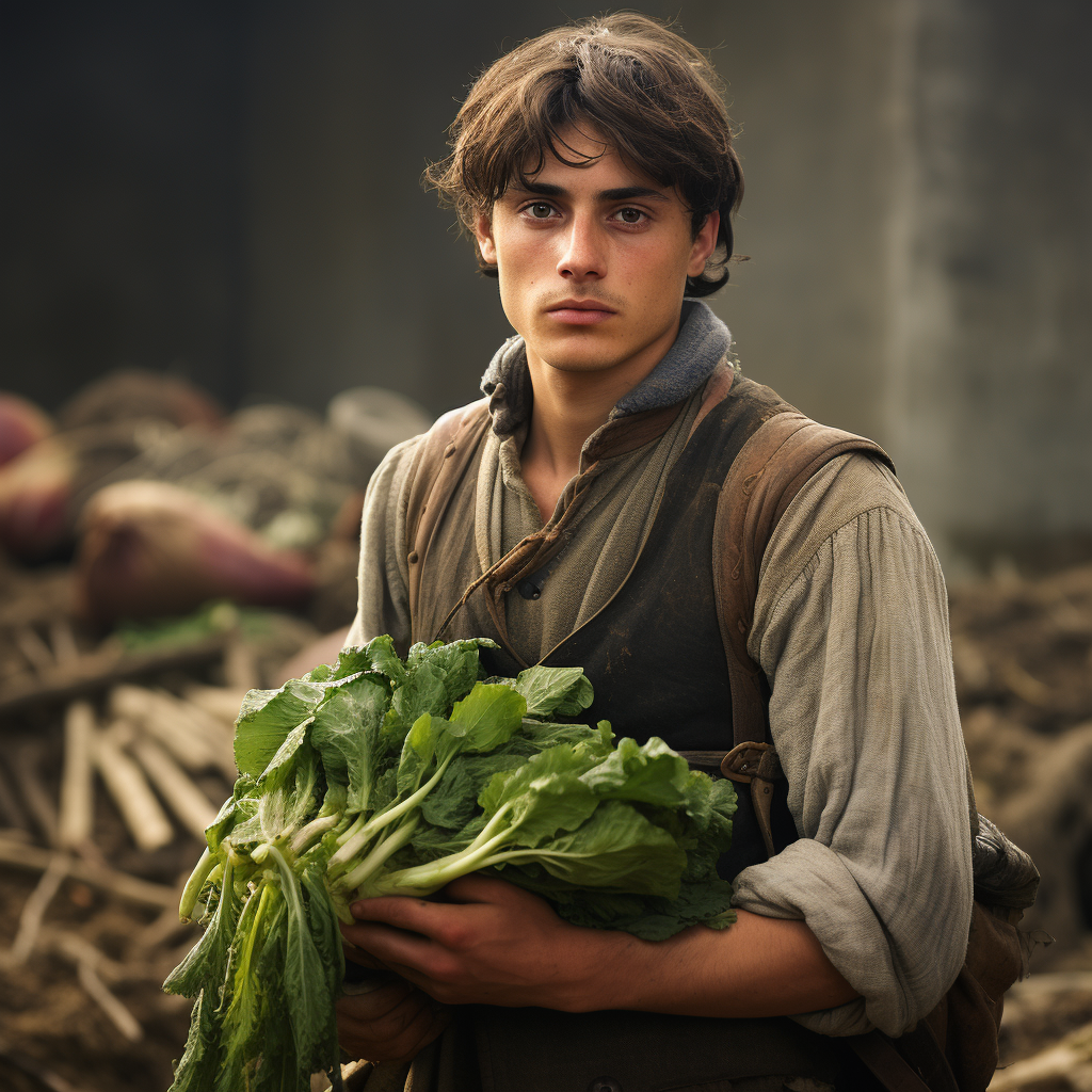 Young male medieval farm worker holding farm produce